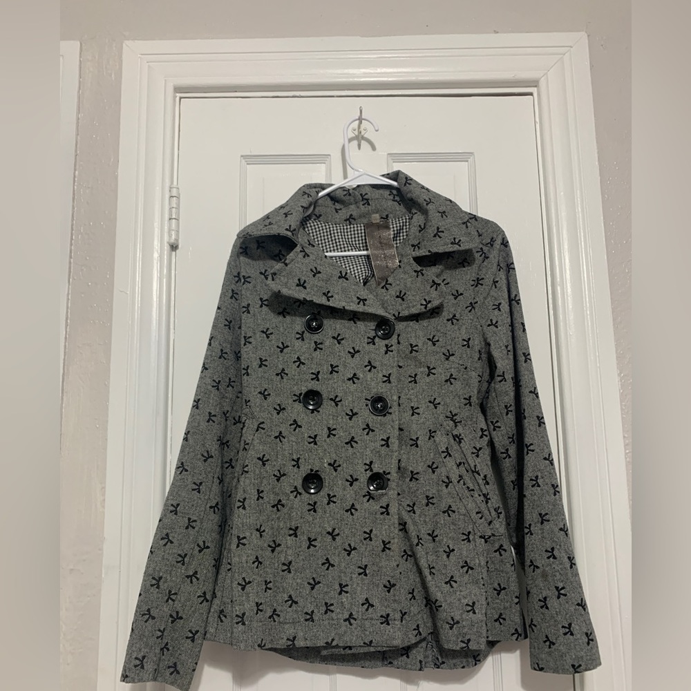 Moon Collection Womens Black Gray Double Breasted Pea Coat Jacket Sz XL